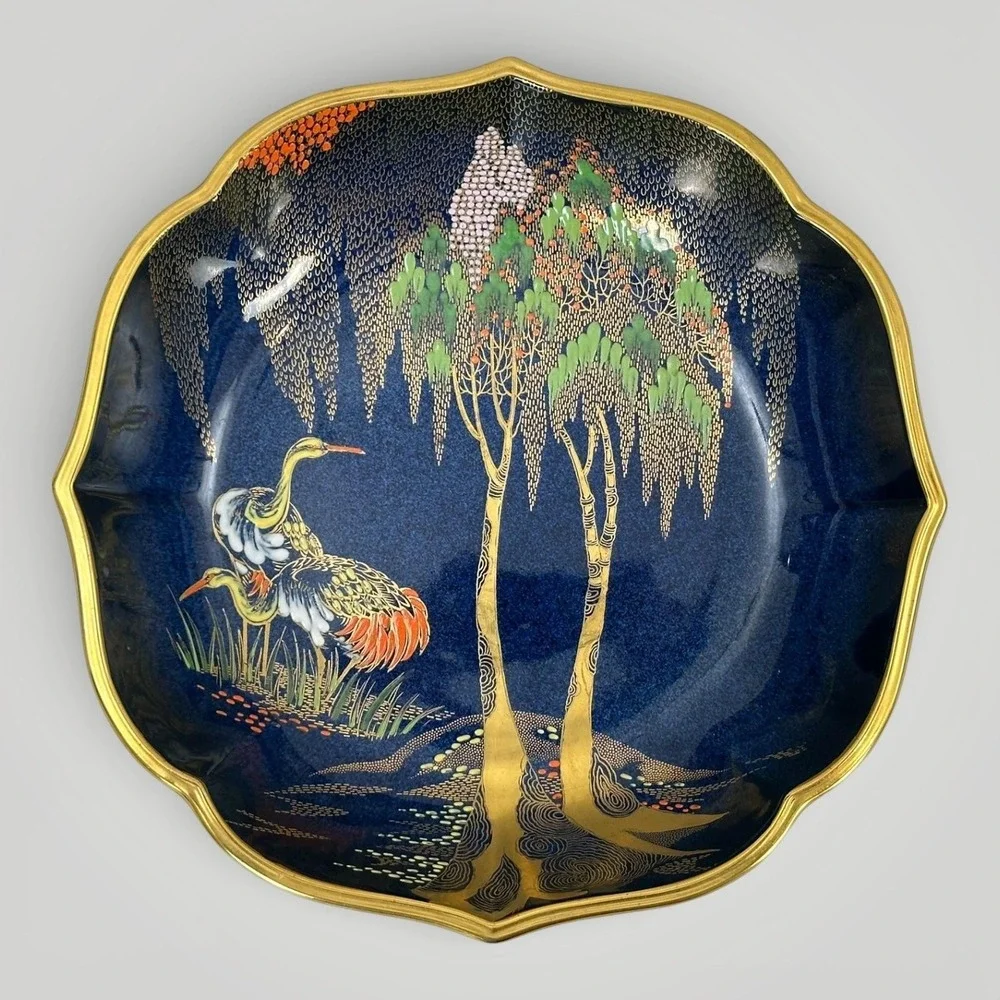 Vintage Carlton‎ Ware Bleu Royal New Stork Ceramic Bowl Blue Gold 22.5cm England